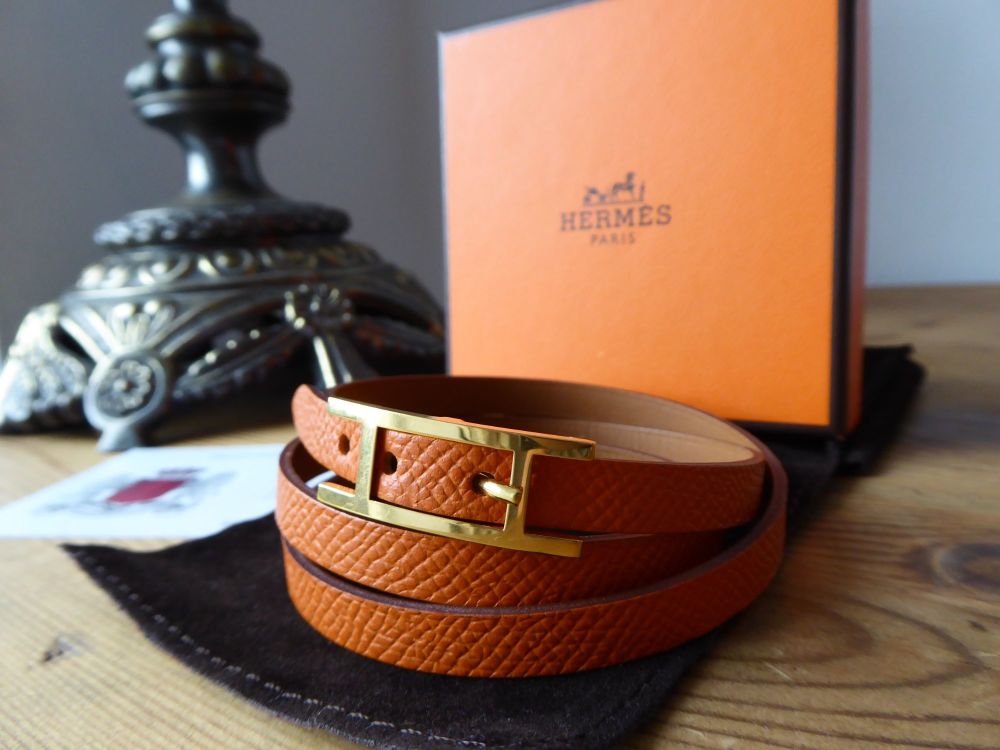 Hermès Behapi 3 Triple Tour Wrap Bracelet in Orange Epsom and Tan with Gold Hardware - SOLD