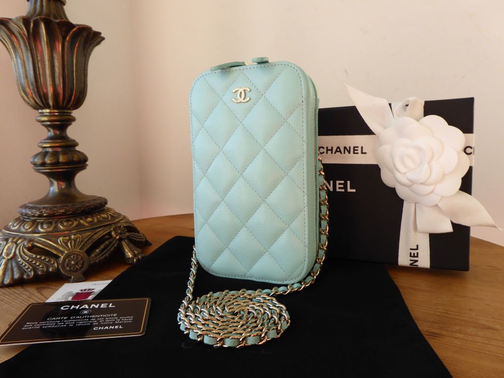 Chanel Crossbody Phone Case Bag in Tiffany Blue Caviar with Soft Gold Hardw