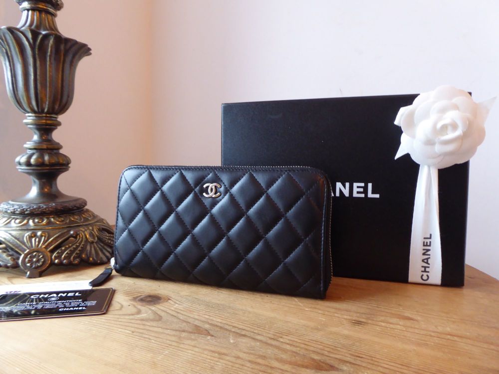 Chanel Classic Zip Around Continental Purse Wallet in Black Lambskin with Silver Hardware - SOLD