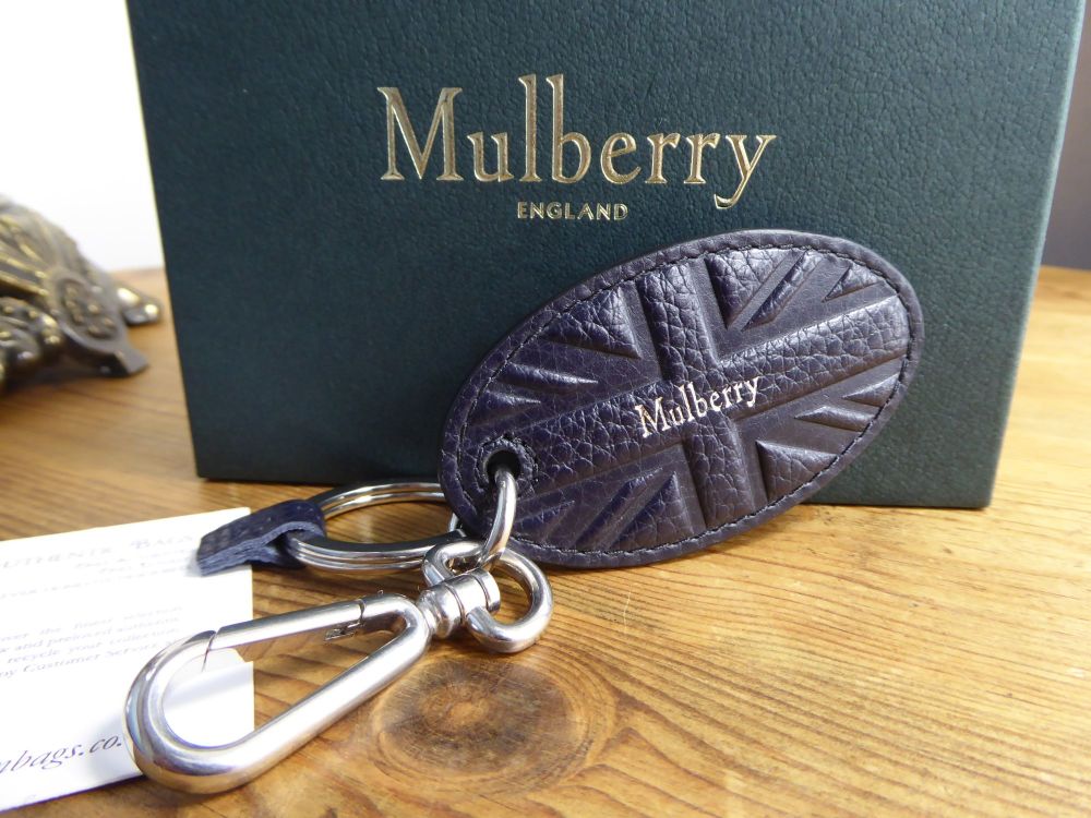 Mulberry Union Jack Flag Embossed Keyring in Midnight Small Classic Grain