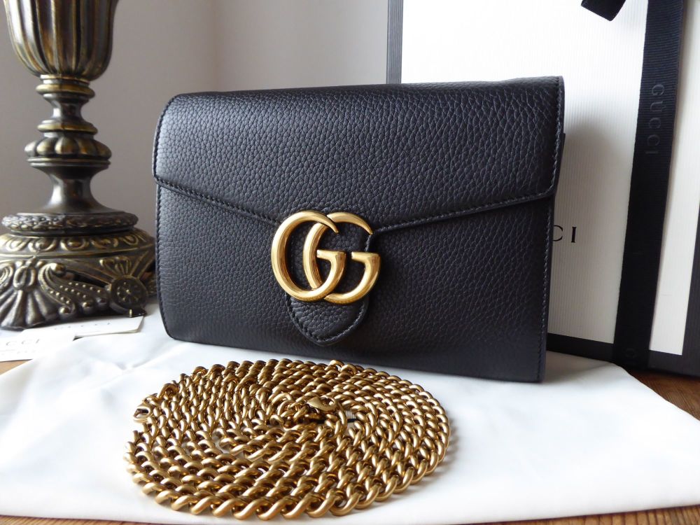 Black Textured Leather GG Marmont Mini Chain Bag