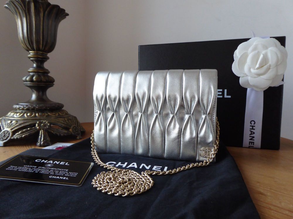 Chanel Small Crystal CC Wallet on Chain WoC Clutch in Silver Metallic Pleated Calfskin with Champagne Gold Hardware - SOLD