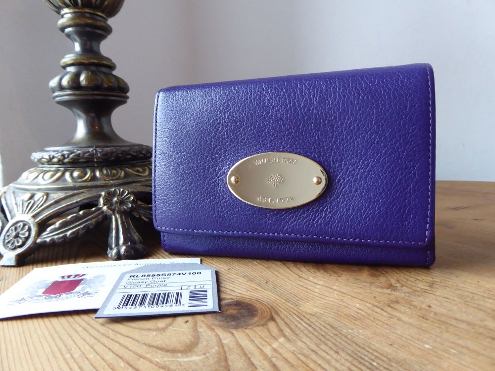 Mulberry Plaque French Purse in Purple Glossy Goat with Shiny Gold Hardware