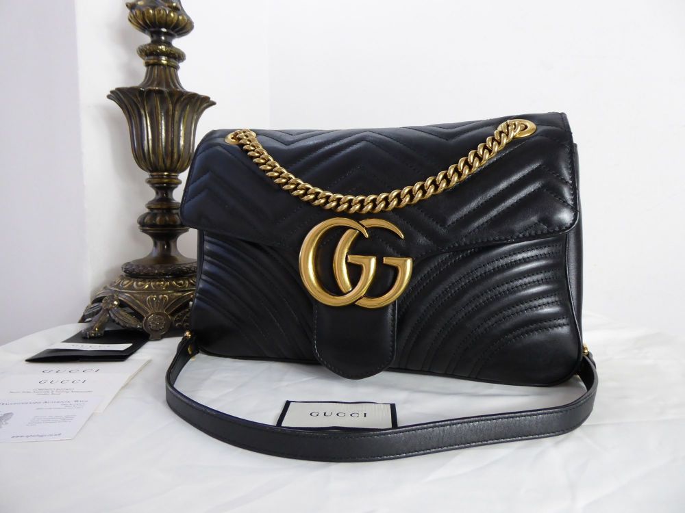 AUTHENTIC Gucci Black Calfskin Matelasse Large GG Marmont Shoulder