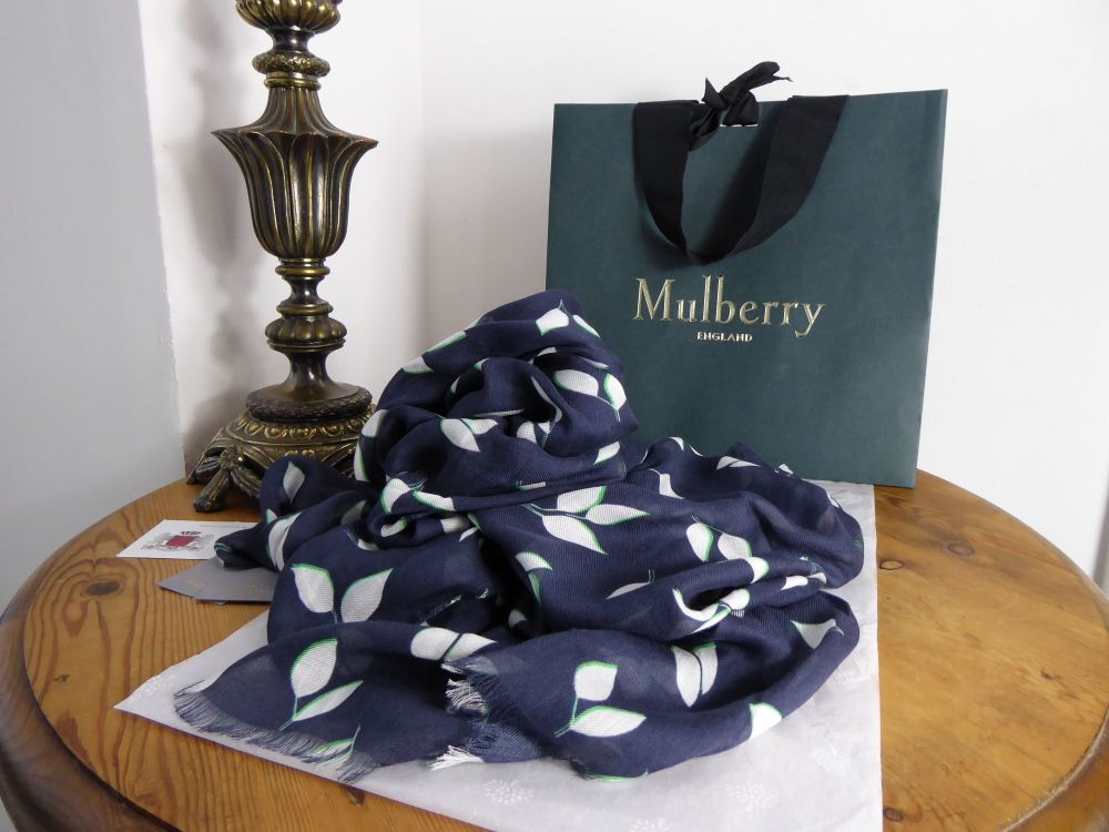 Mulberry Spring Leaves Wrap Scarf in Midnight Blue Modal Cashmere Blend - SOLD