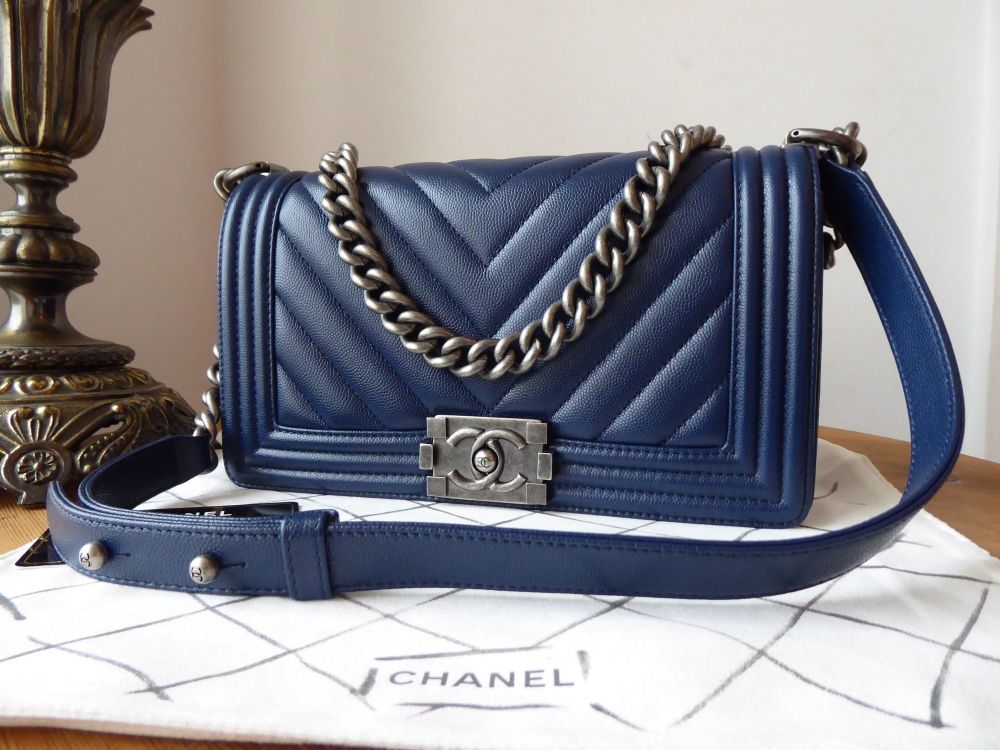 Chanel Old Medium Boy in Chevron Quilted Navy Caviar with Ruthenium ...