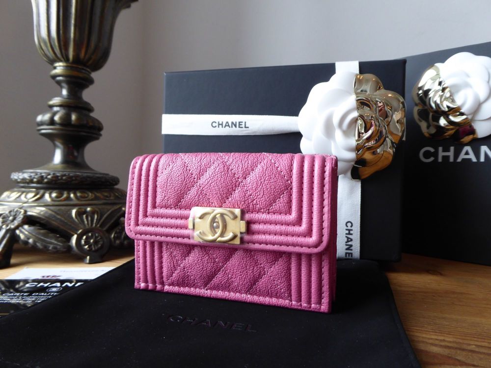 Chanel Boy Small Flap Wallet In Peony Pink Grained Calfskin With