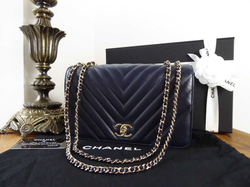 Chanel Chevron Statement Medium Flap in Navy Calfskin with Gold Hardware -  SOLD