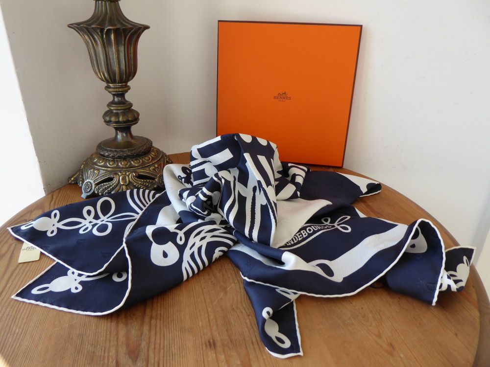  Hermès Limited Edition Brandebourgs Bees Jacquard Square Silk Scarf in Marine Blanc Tattoo - SOLD