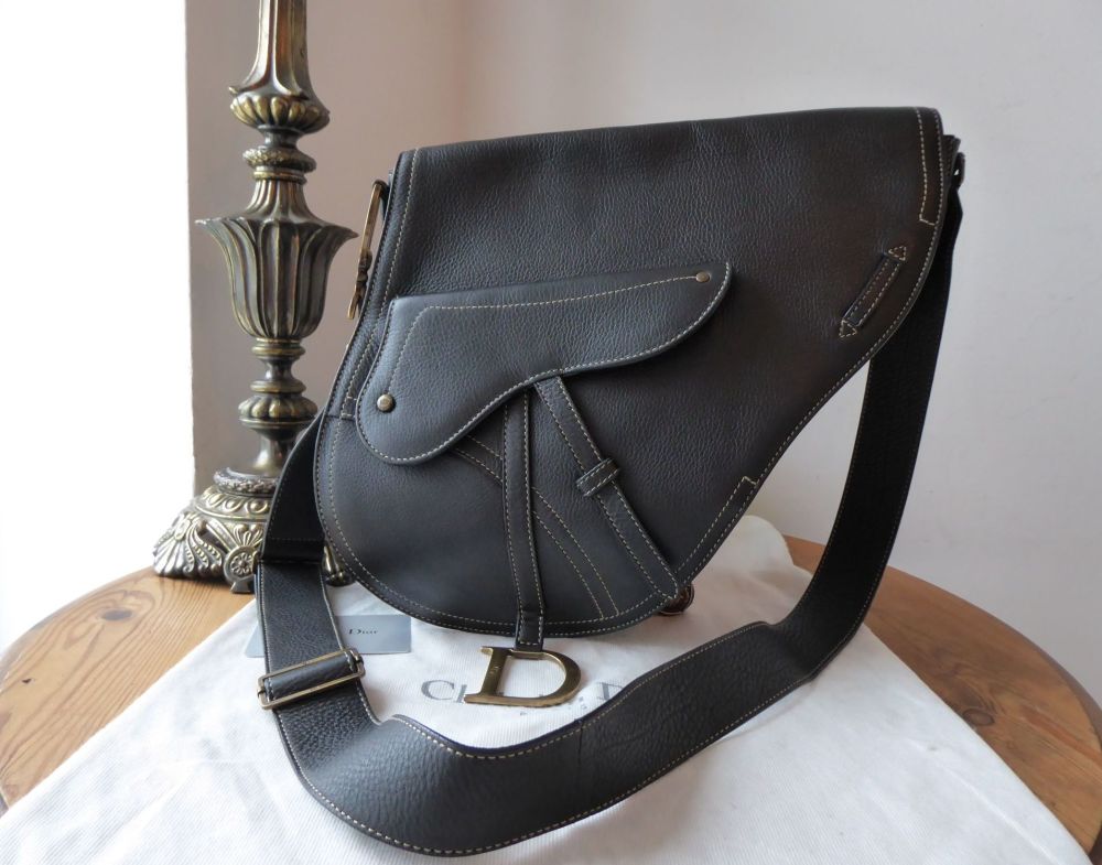 Dior Large Vintage Saddle Bag Messenger in Black Calfskin with Antiqued ...