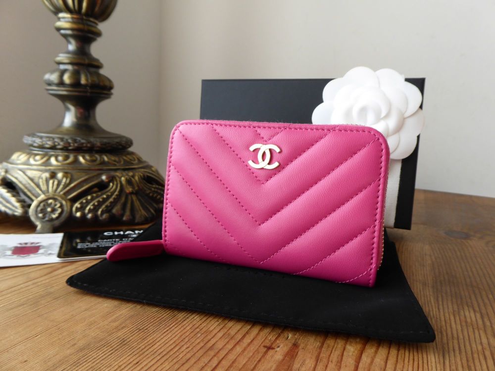 Chanel Small Zip Around Coin Card Case in Bright Fuchsia Chevron Quilted Lambskin - SOLD
