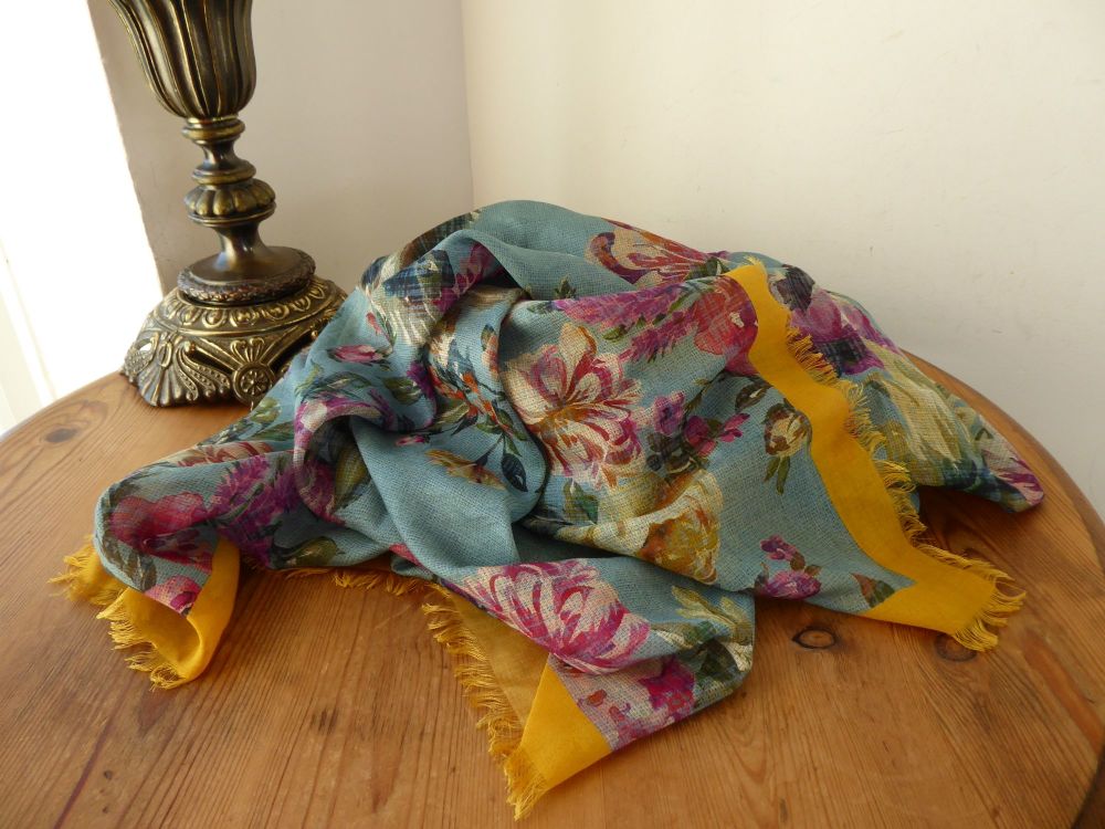 Mulberry English Country Garden Square Printed Scarf Wrap in Antiqued Castle Blue Modal Silk Mix - As New - SOLD