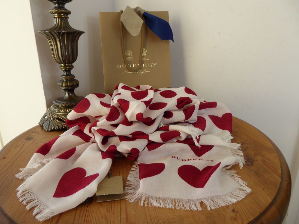 Burberry Hearts & Dots Jacquard Woven Crest Rectangular Wrap Scarf in Ivory & Windsor Red Wool Silk Cashmere - SOLD