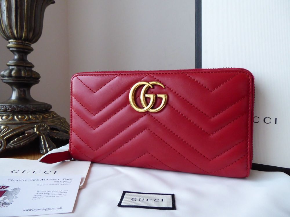 Gucci GG Marmont Zip Around Continental Wallet Purse in Apollo Red Matelassé Calfskin - SOLD