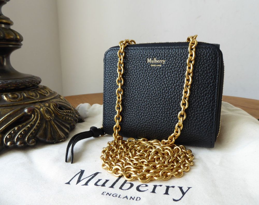 Mulberry Small Clifton Wallet on Chain Purse in Black Small Classic Grain Leather - SOLD