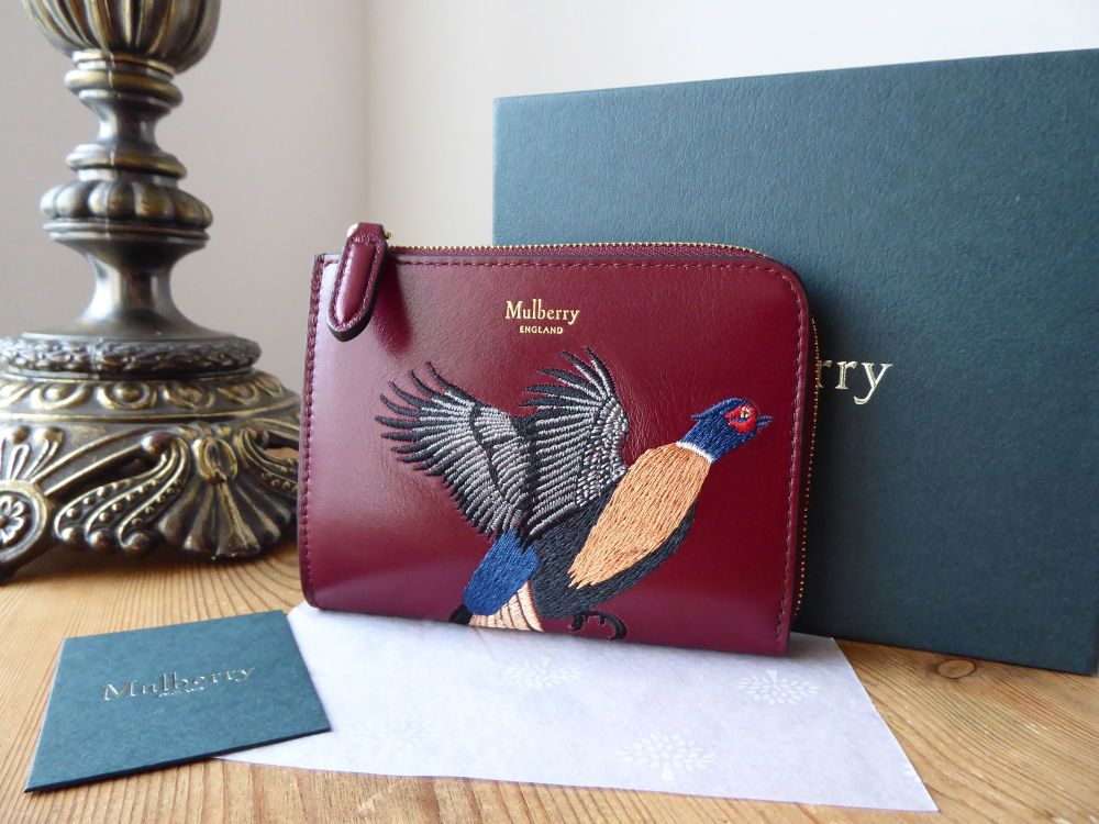 Mulberry Pheasant Embroidered Part Zip Coin Purse in Crimson Smooth Calf -  New  - SOLD