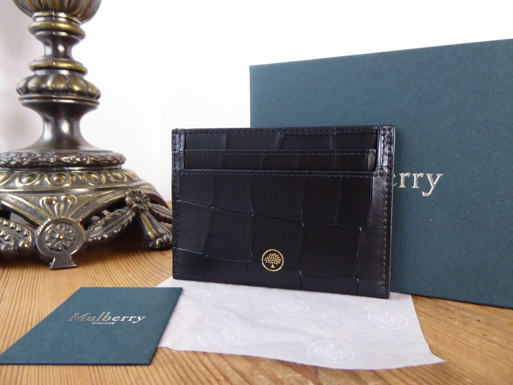 Mulberry Credit Card Slip Holder in Black Deep Embossed Croc Printed Calfskin - SOLD