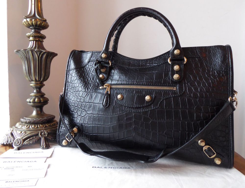 Balenciaga City in Black Croc Embossed Calfskin with Giant 12 Gold Hardware - SOLD