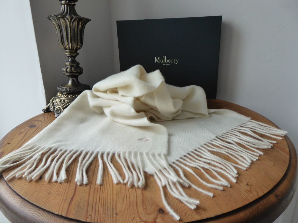 Mulberry Classic 100% Cashmere Fringed Winter Rectangular Scarf in Ivory - SOLD