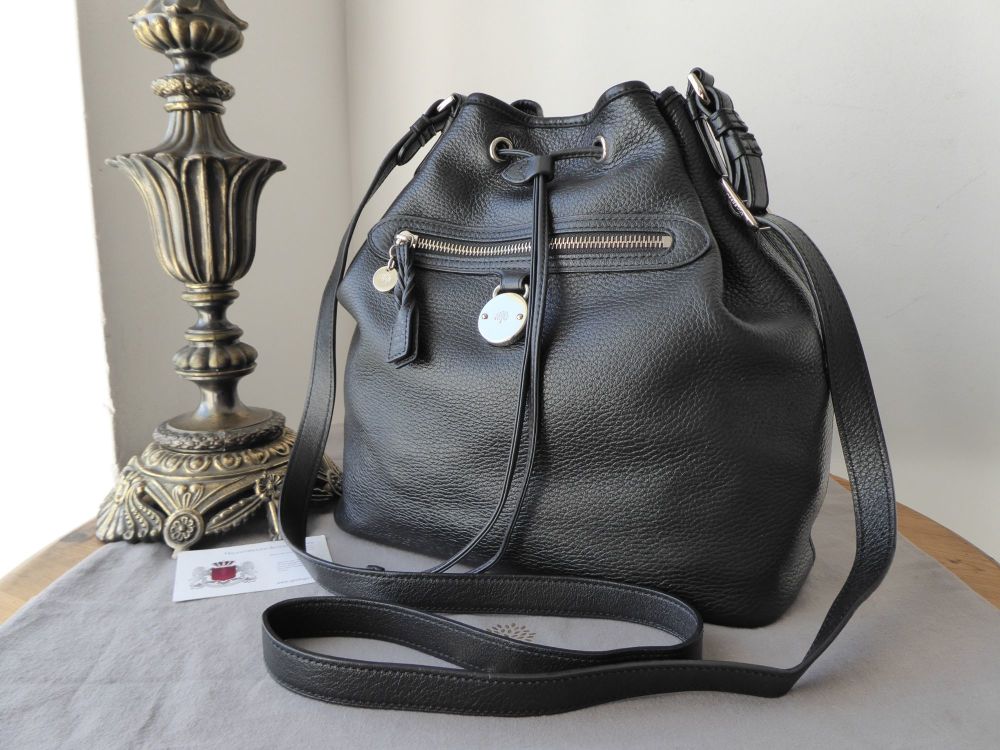 Mulberry Somerset Drawstring Bucket Bag in Black Pebbled Leather with Silve