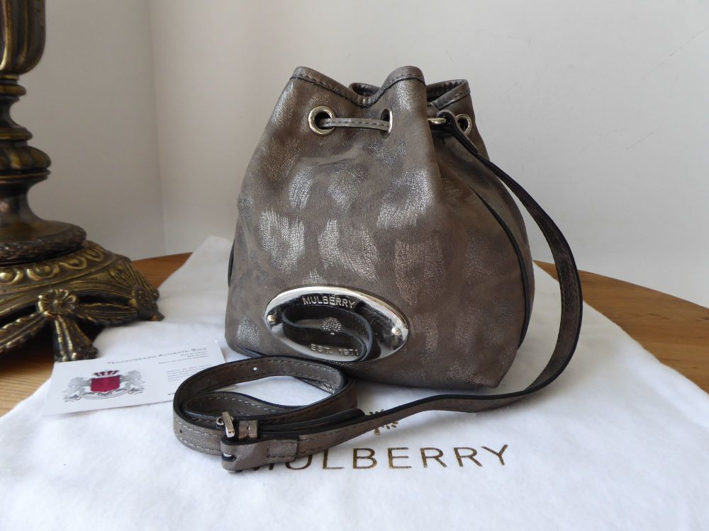 Mulberry Mini Gracie Drawstring Bucket Bag in Mole Grey Giant Sparkle Leopard Printed Leather - SOLD
