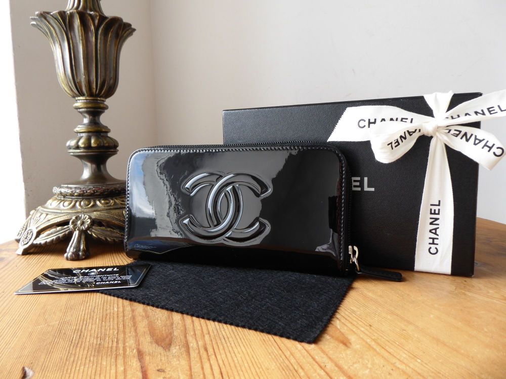 Chanel Camellia Palette Zip Around Continental Long Purse Wallet in Black Patent Leather - SOLD