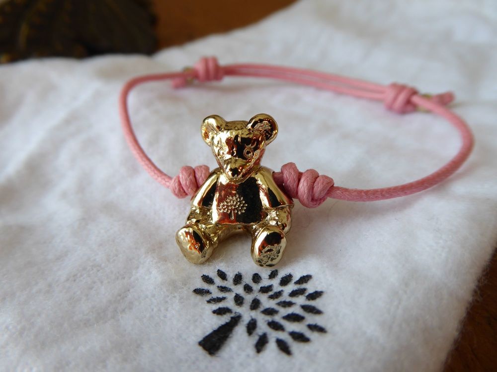 Mulberry Gold Plated Teddy Bear Friendship Bracelet with Baby Pink Waxed Co