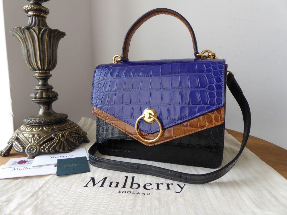 Mulberry Limited Edition Harlow Satchel in Cobalt Blue, Seal Grey, Tobacco and Black Shiny Croc Printed Leather - SOLD