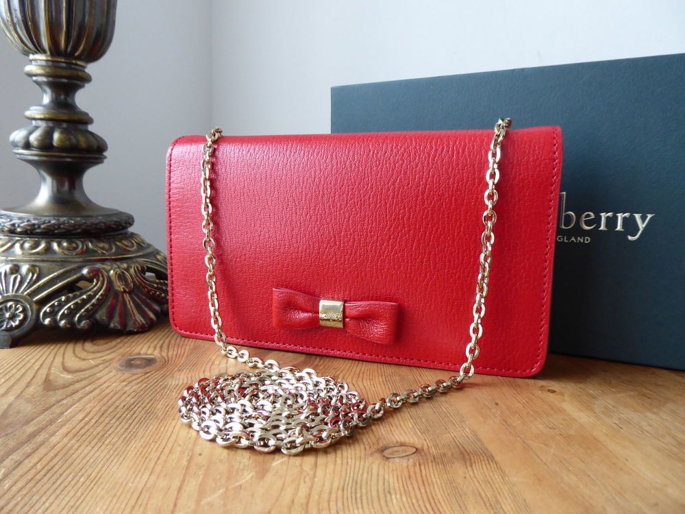 Mulberry Bow Shoulder Clutch Wallet on Chain in Poppy Red Shiny Goat Leather  - SOLD