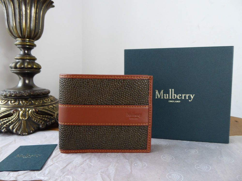 Mulberry Men’s 8 Card Folded Wallet in Mole Scotchgrain and Cognac Calfskin - New - SOLD