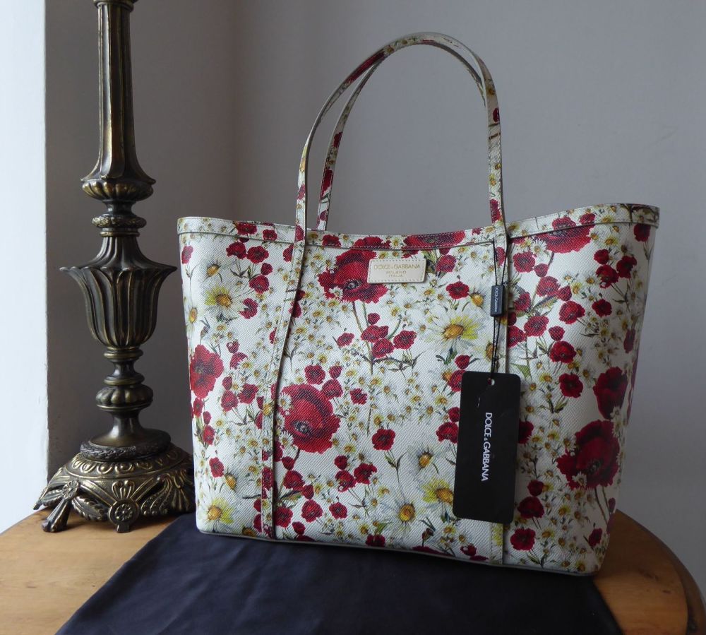 Dolce & Gabbana 'Poppies & Daisies' Shopper Tote in Floral Dauphine Printed Leather - New  - SOLD