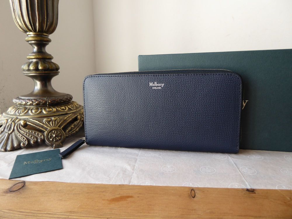 Mulberry 8 Card Zip Around Continental Wallet Purse in Bright Navy Cross Grain - SOLD