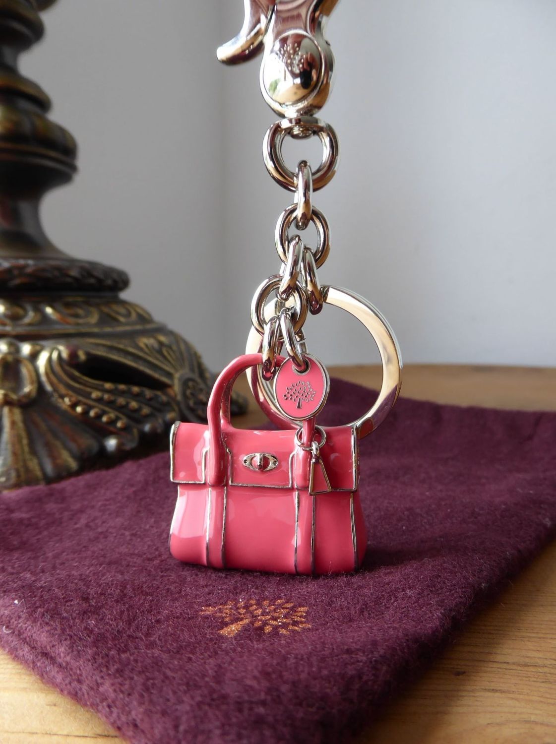 Mulberry Mini Bayswater Keyring Bag Charm in Lipstick Pink Enamel with Silv