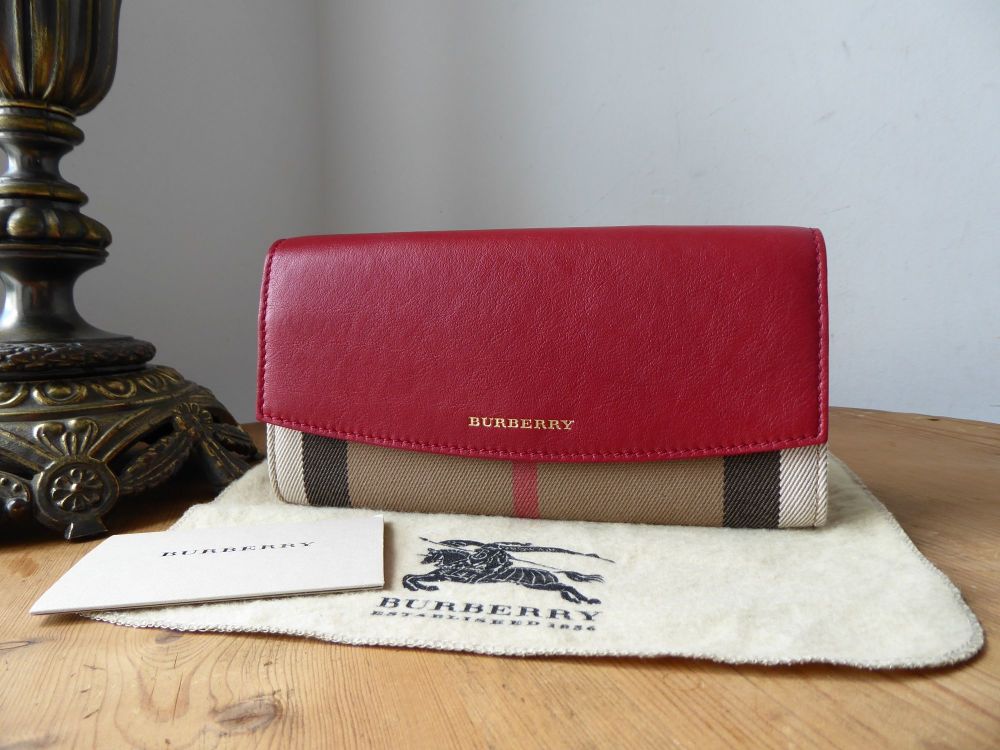 Burberry Porter Continental Flap Purse Wallet in House Check & Military Red Calfskin - SOLD