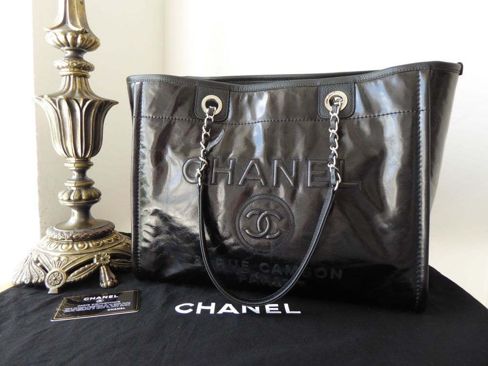 Chanel Deauville Medium Tote in Black Calfskin Vernice with Shiny Silver Ha