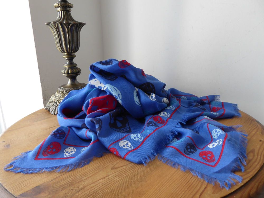 Alexander McQueen Multiskull Box Scarf in Royal Blue with Multicolour Skulls in Modal Wool Blend - As New - SOLD