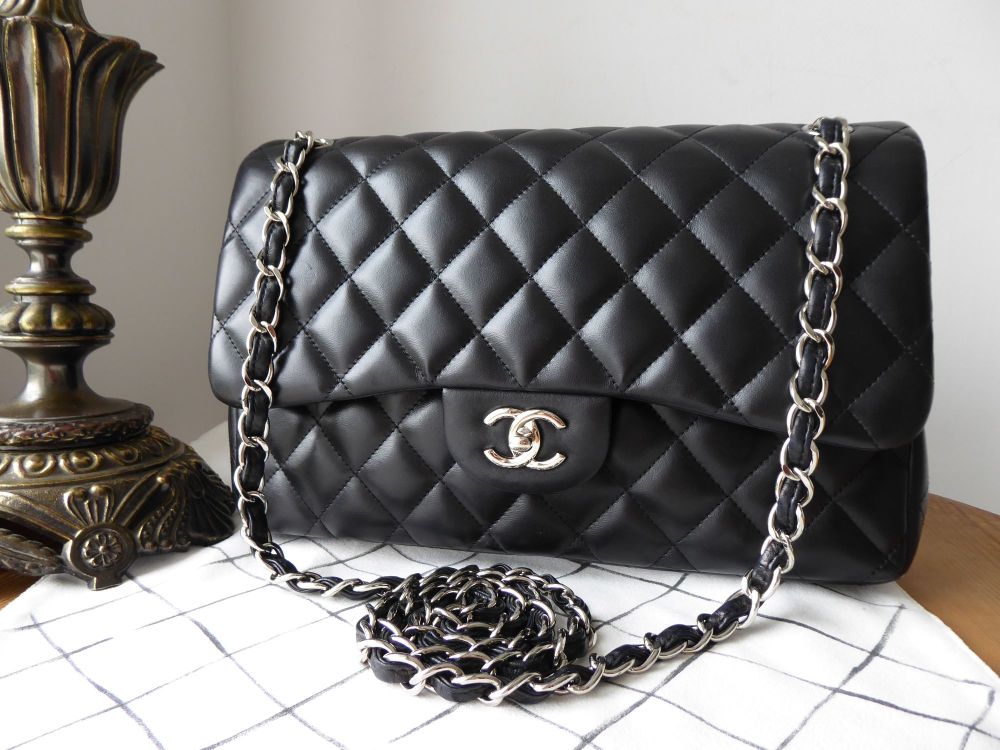 Chanel Timeless Classic 2.55 Jumbo Double Flap Bag in Black Lambskin with Silver Hardware - SOLD