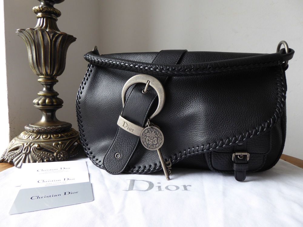 Christian Dior Braided Gaucho Saddle Bag in Black Calfskin with Antiqued Si