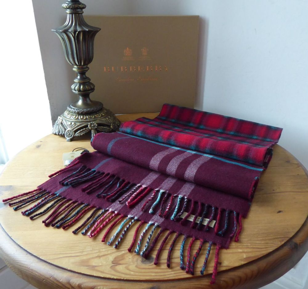 Burberry Check Winter Scarf in Claret 100% Merino Wool - New - SOLD