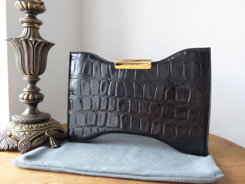 Alexander McQueen Squeeze It Clutch in Black Croc Printed Patent Calfskin - SOLD