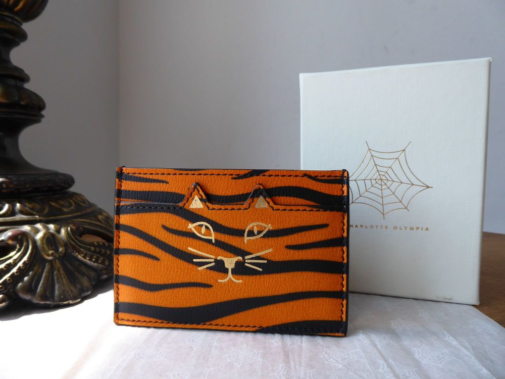 Charlotte Olympia Feline Kitty Card Slip Holder in Orange Tiger Print - New