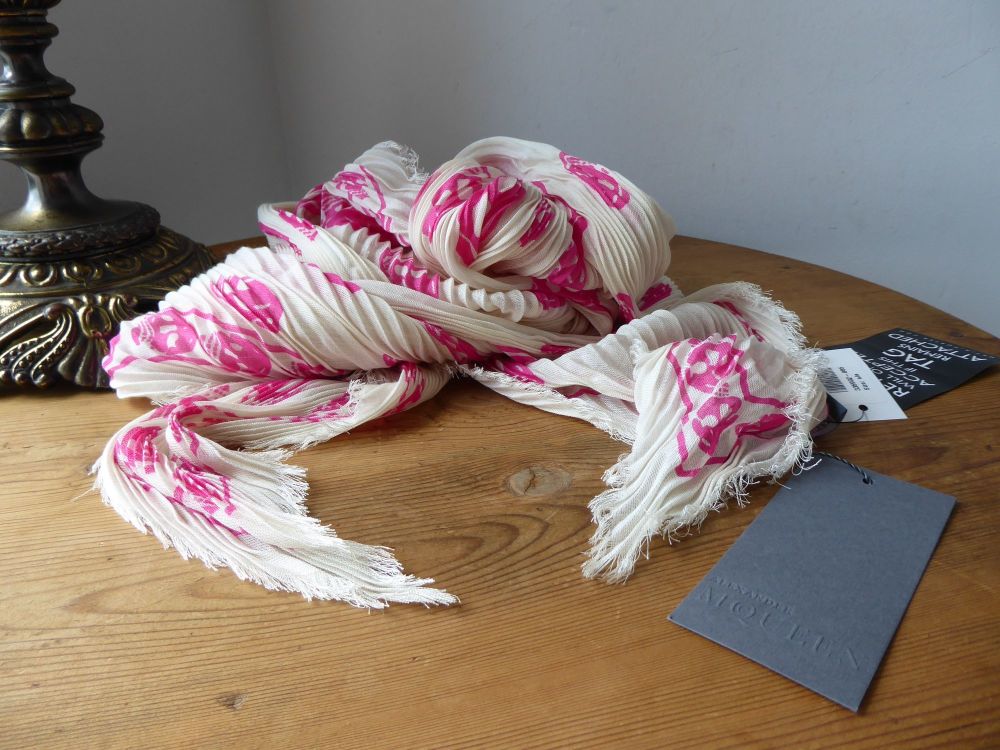 Alexander McQueen Skull Plisse Crinkle Foulard Scarf in Ivory Cream and Hot Pink Modal - New - SOLD