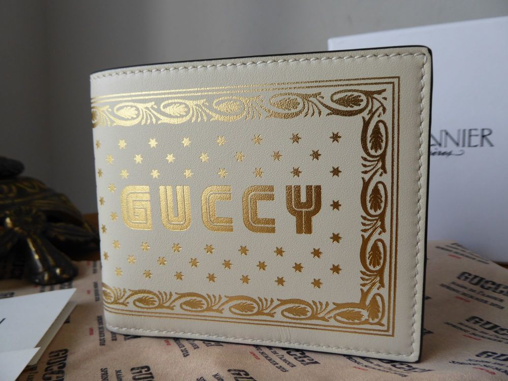 Gucci Guccy Mens Bi Fold Wallet in Ivory Calfskin  with Gold Foil Embossing - SOLD