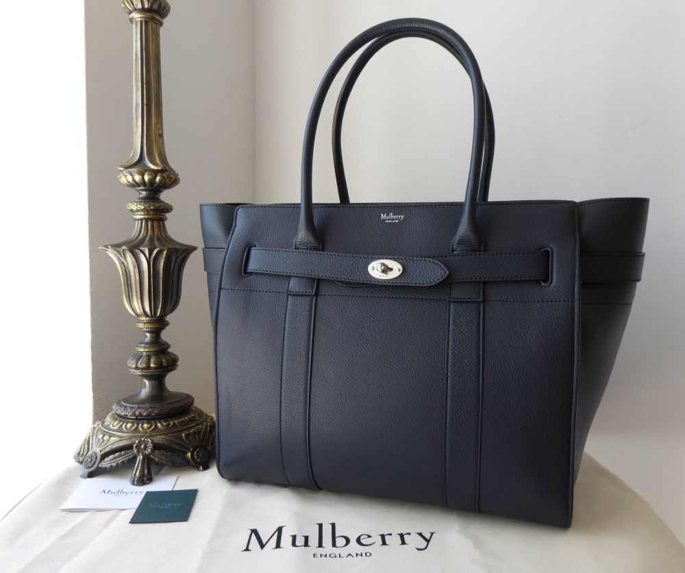 Mulberry Large Zipped Bayswater in Midnight Small Classic Grain with Brushed Silver Hardware - SOLD