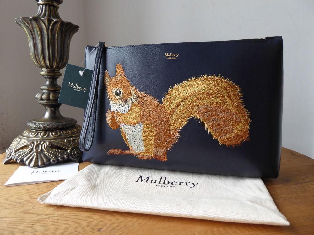 Mulberry Squirrel Embroidered Large Wristlet Clutch / Zip Pouch in Midnight Blue Smooth Calf Leather - New - SOLD
