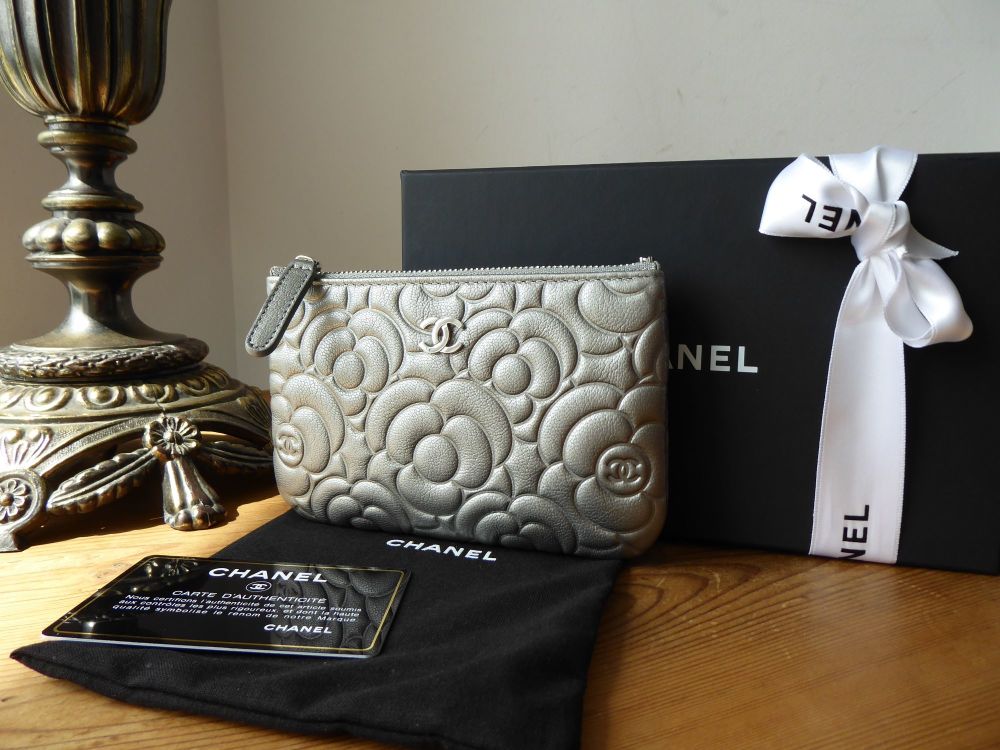Chanel Mini O Case Zip Pouch in Camellia Embossed Metallic Silver Calfskin - As New* - SOLD