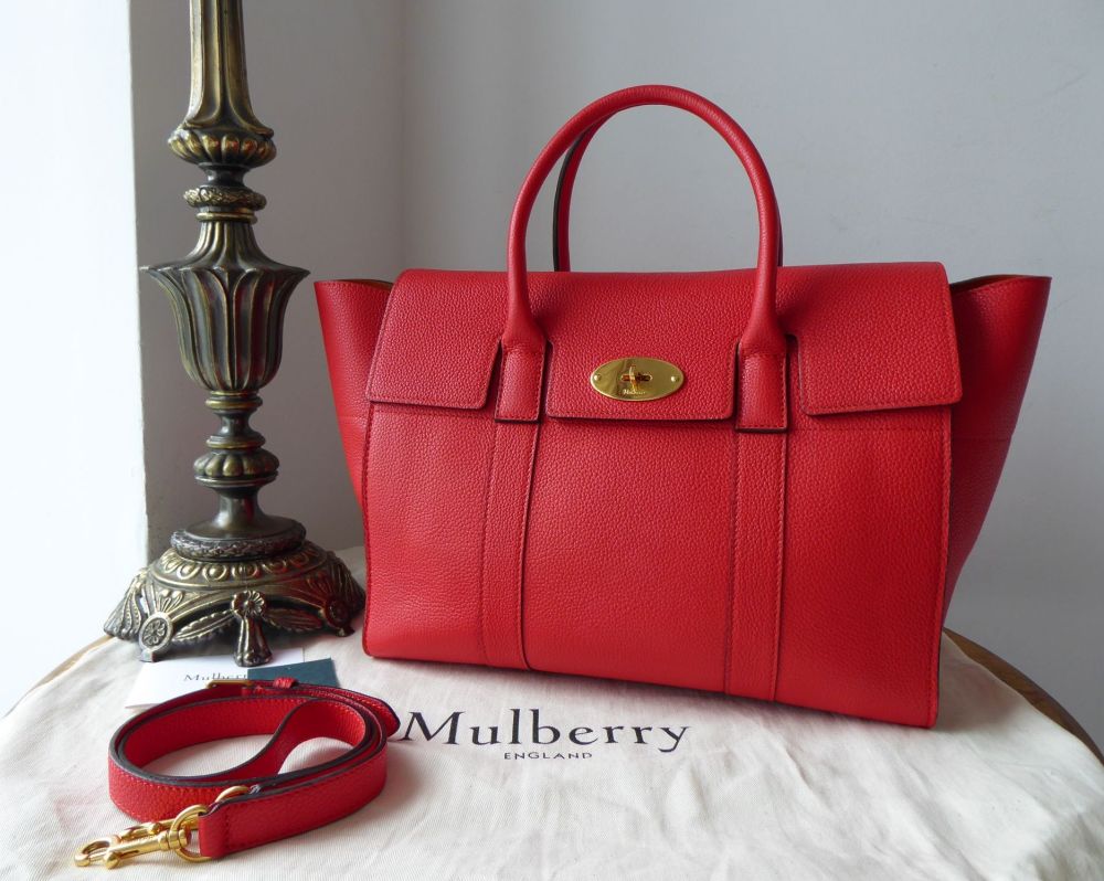 Mulberry Large Bayswater with Strap in Fiery Red Small Classic Grain ...