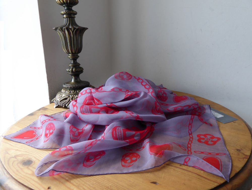 Alexander McQueen Multi Skull Charms Scarf in Mauve Parma Grey with Red Skulls in 100% Silk Chiffon - New - SOLD