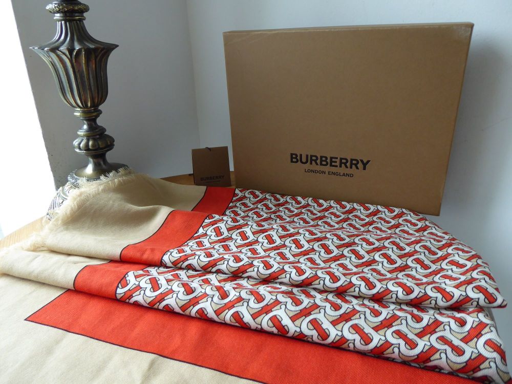 Burberry TB Monogram Print Lightweight Rectangular Cashmere Scarf Wrap in Vermillion - As New