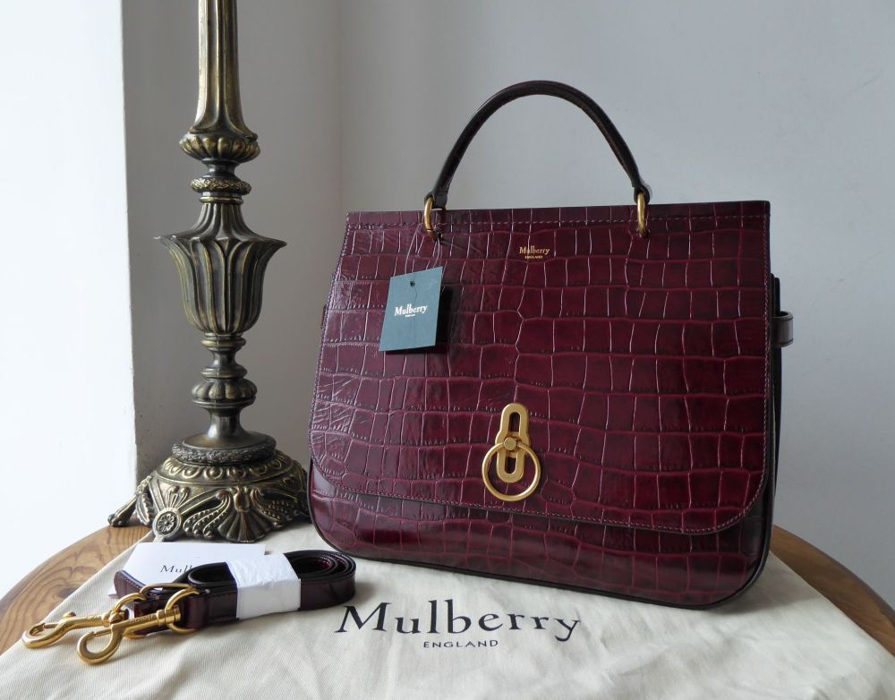 Mulberry Amberley in Burgundy Shiny Croc Printed Calfskin - New*